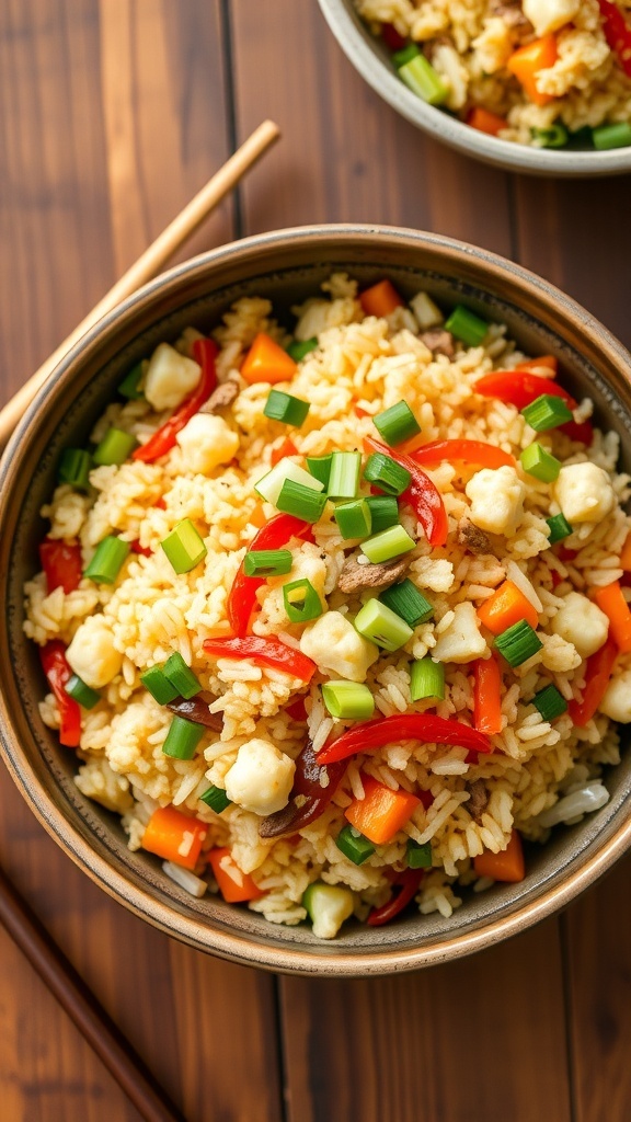 A bowl of cauliflower fried rice with mixed vegetables and green onions, served with chopsticks on a wooden table.